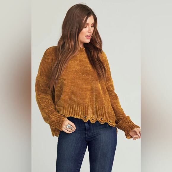 SMYM MUMU Gold Yellow Chenille Knit Oversized Distressed Crop Boxy Sweater XS - Picture 16 of 16